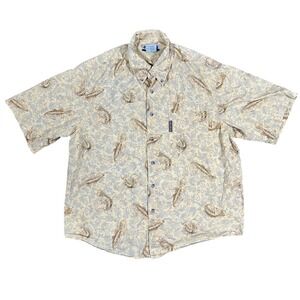 Vintage‎ Columbia Shirt Mens Medium Tan Fly Fishing AOP Button Up Camp Hawaiian